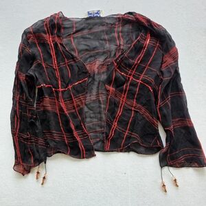 Vintage Sheer Black Cardigan with Red Plaid Stitching
